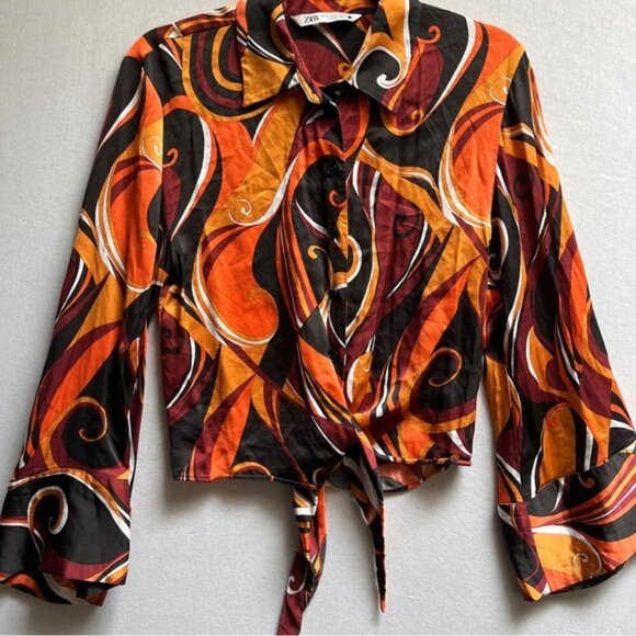 Zara Disco Multicolor Abstract Print Bell Sleeve knot Blouse Sz XS - Picture 4 of 9